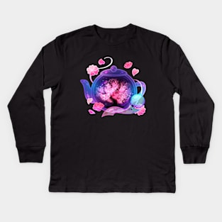 Nighttime Sakura Teapot Kids Long Sleeve T-Shirt